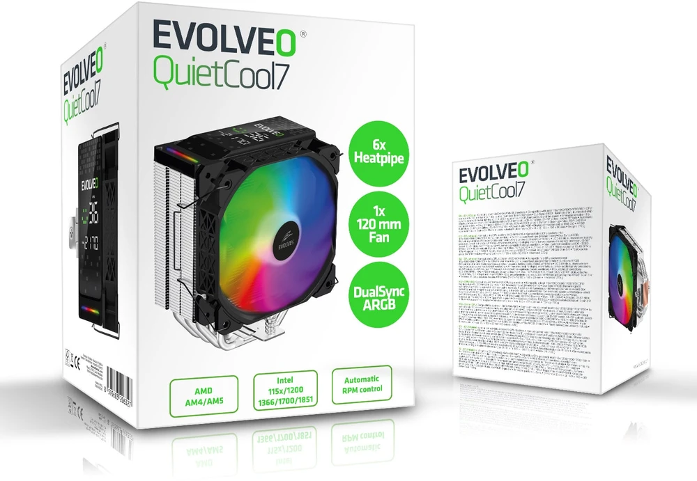 EVOLVEO QuietCool7, procesoriaus aušintuvas su skaitmeniniu ekranu, 6 šilumos vamzdeliais, juodas