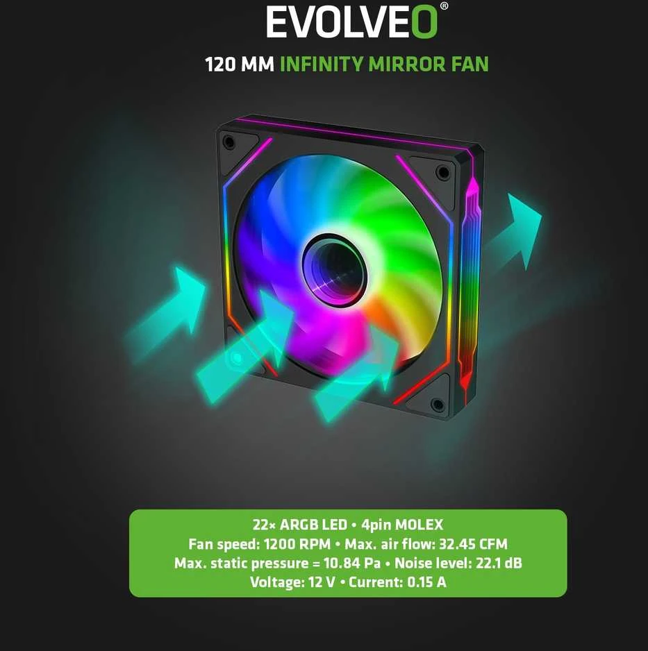 „EVOLVEO Scorpio“, eATX/ATX korpusas, 4x ARGB 120 mm ventiliatoriai, grūdinto stiklo šoninė panelė + tinklelio priekinė panelė
