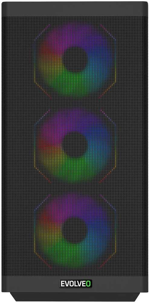 „EVOLVEO Scorpio“, eATX/ATX korpusas, 4x ARGB 120 mm ventiliatoriai, grūdinto stiklo šoninė panelė + tinklelio priekinė panelė