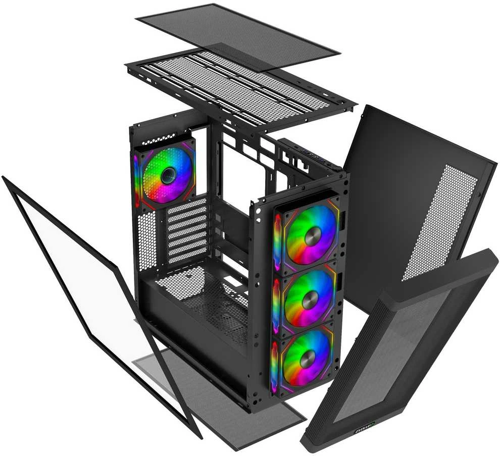 „EVOLVEO Scorpio“, eATX/ATX korpusas, 4x ARGB 120 mm ventiliatoriai, grūdinto stiklo šoninė panelė + tinklelio priekinė panelė
