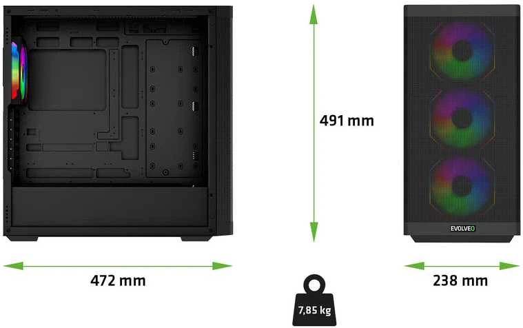 „EVOLVEO Scorpio“, eATX/ATX korpusas, 4x ARGB 120 mm ventiliatoriai, grūdinto stiklo šoninė panelė + tinklelio priekinė panelė