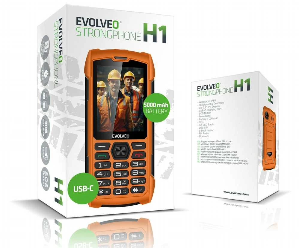 EVOLVEO StrongPhone H1, atsparus vandeniui, patvarus telefonas su dviem SIM kortelėmis, oranžinis