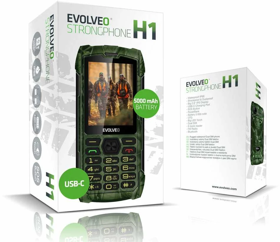 EVOLVEO StrongPhone H1, vandeniui atsparus patvarus telefonas su dviem SIM kortelėmis, kamufliažas
