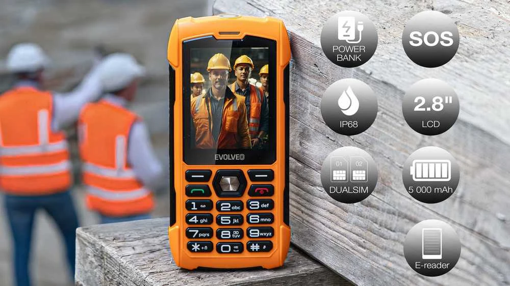 EVOLVEO StrongPhone H1, atsparus vandeniui, patvarus telefonas su dviem SIM kortelėmis, oranžinis