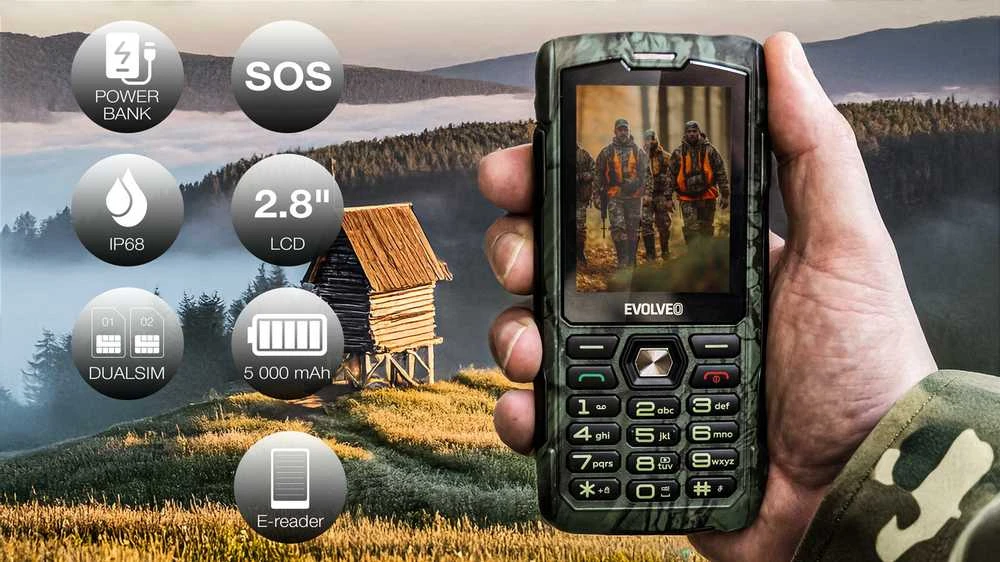 EVOLVEO StrongPhone H1, vandeniui atsparus patvarus telefonas su dviem SIM kortelėmis, kamufliažas