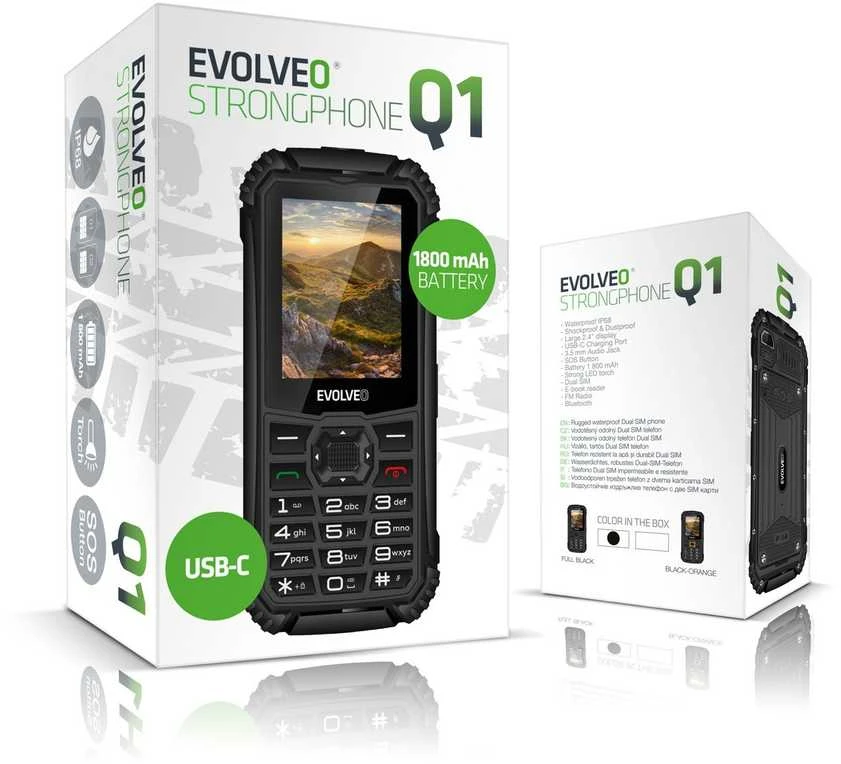 EVOLVEO StrongPhone Q1, vandeniui atsparus, patvarus dviejų SIM kortelių telefonas, juodas