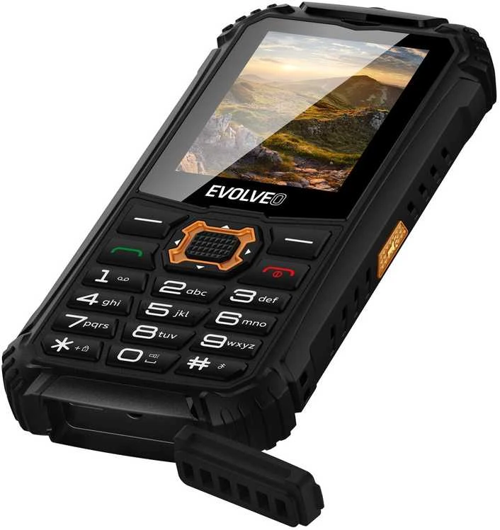 EVOLVEO StrongPhone Q1, vandeniui atsparus, patvarus dviejų SIM kortelių telefonas, juodos ir oranžinės spalvos