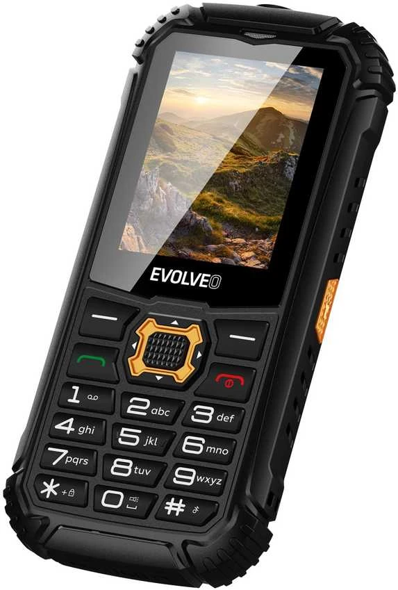 EVOLVEO StrongPhone Q1, vandeniui atsparus, patvarus dviejų SIM kortelių telefonas, juodos ir oranžinės spalvos