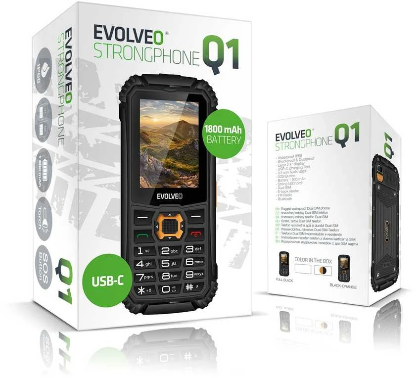 EVOLVEO StrongPhone Q1, vandeniui atsparus, patvarus dviejų SIM kortelių telefonas, juodos ir oranžinės spalvos