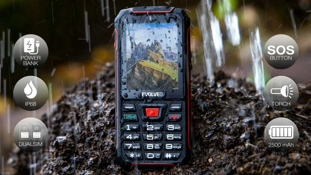 Mobilusis telefonas Evolveo StrongPhone W4, atsparus vandeniui, patvarus dviejų SIM kortelių telefonas, juodas-raudonas