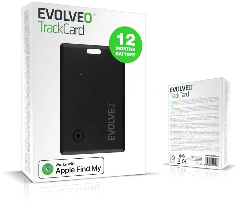 „EVOLVEO TrackCard“, „Bluetooth“ vietos nustatymo įrenginys su „Apple Find My“, juodas