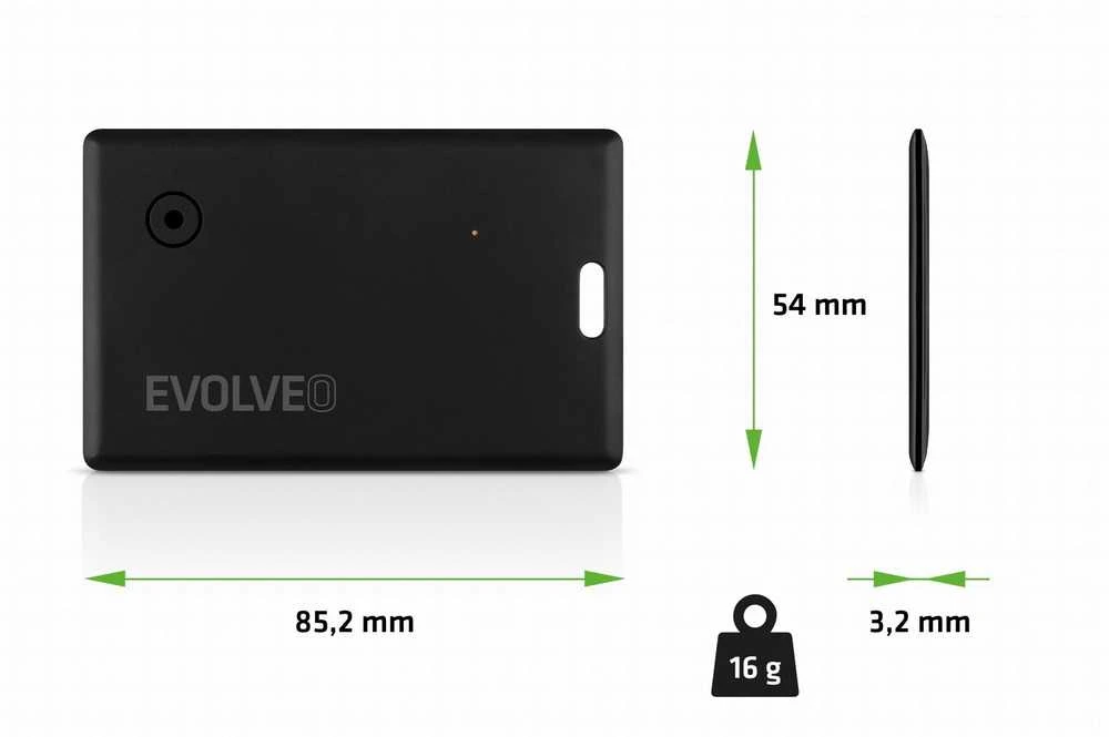 „EVOLVEO TrackCard“, „Bluetooth“ vietos nustatymo įrenginys su „Apple Find My“, juodas