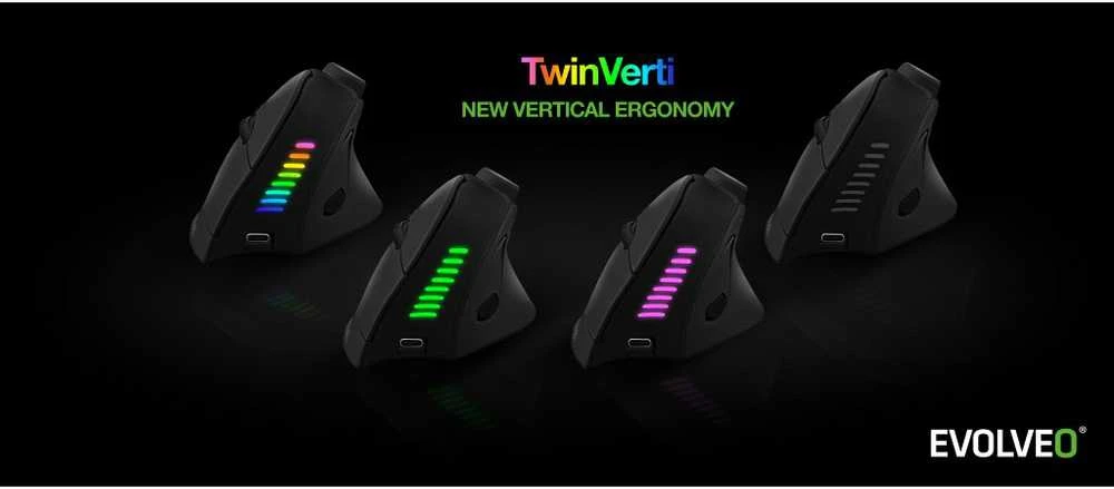Pelė Evolveo Pionowa pelė TwinVerti, Ergonomiczna pelė, 2.4GHz, Bluetooth, juoda