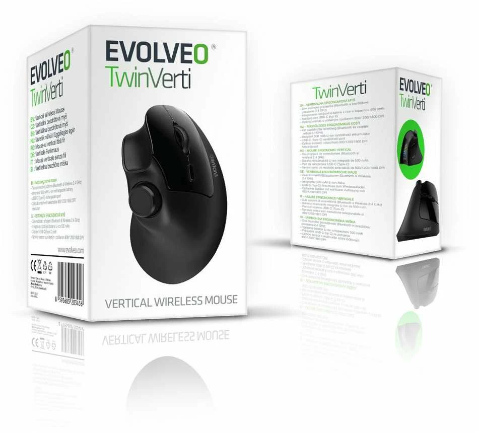 Pelė Evolveo Pionowa pelė TwinVerti, Ergonomiczna pelė, 2.4GHz, Bluetooth, juoda