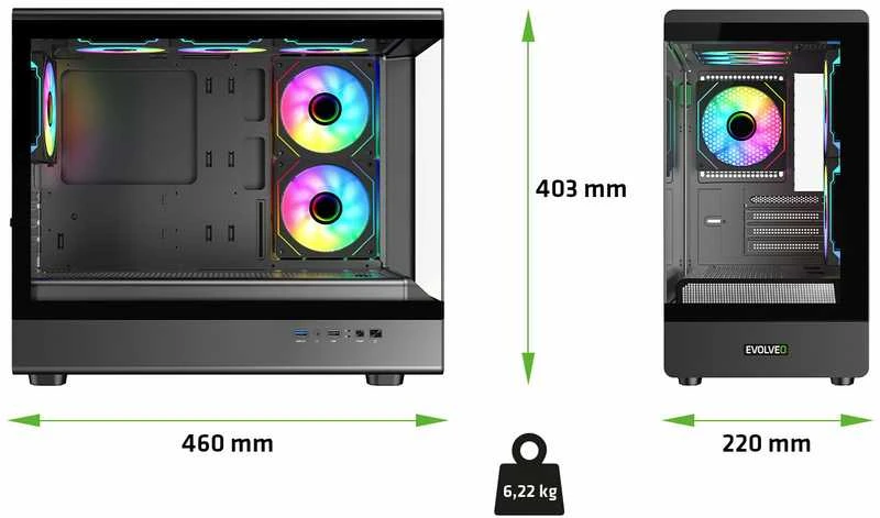 EVOLVEO Ursus, mATX korpusas, 6x ARGB 120 mm ventiliatoriai, stiklinis šoninis skydelis + priekinis skydelis