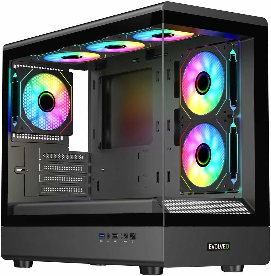 EVOLVEO Ursus, mATX korpusas, 6x ARGB 120 mm ventiliatoriai, stiklinis šoninis skydelis + priekinis skydelis