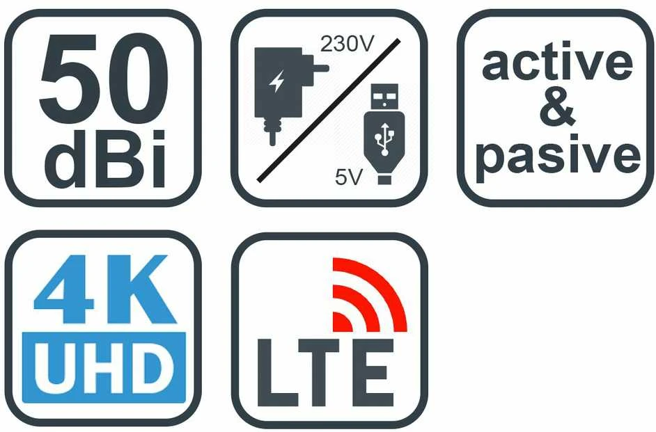 RTV antena Evolveo XANY 1 LTE 230/5V, 50dBi aktyvi vidinė antena DVB-T/T2, LTE filtras
