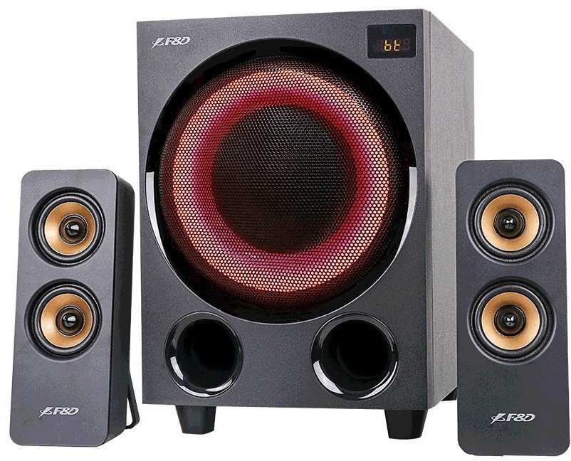 Kompiuterio kolonėlės Fenda F&D F770X 2.1 daugialypės terpės garsiakalbiai, 76 W RMS, 4x2,5 colių palydovai + 5,25 colių žemųjų dažnių garsiakalbis, BT 5.0 / optinis / AUX / USB / FM / kelių spalvų LED / LED Ekranas / nuotolinio valdymo pultas / medinis / Juodas