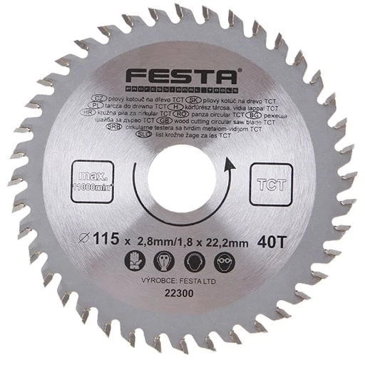 Festa medienos pjūklo diskas TCT, O 115 x 2,8 x 22,2 mm, 40 dantų