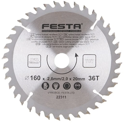 Festa medienos pjūklo diskas TCT, O 160 x 2,8 x 20 mm, 36 dantys