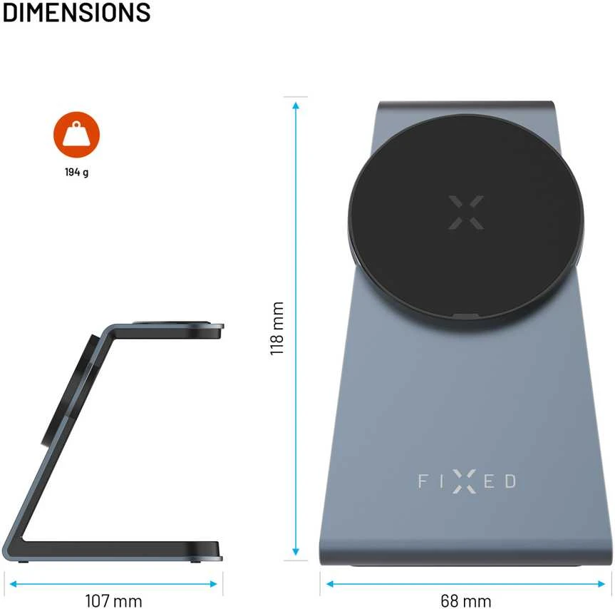 Fixed Fiksuotas | MagPowerstation ALU stovas su belaidžiu įkrovimu 3 viename | FIXMPOS-AL-GR