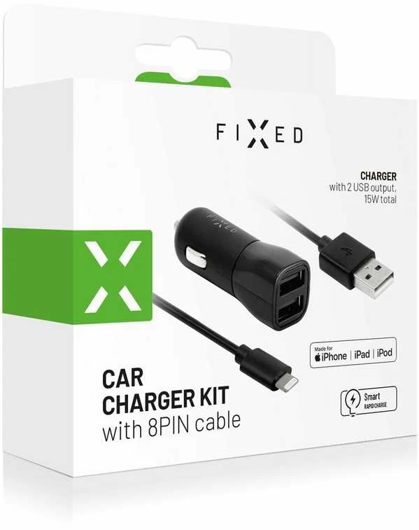 Įkroviklis Fiksuotas Rinkinys automobilinis įkroviklis FIXED su 2xUSB išvestimis ir USB/Lightning laidu, 1 metras, MFI, 15W išmanusis greitasis įkrovimas, juodas