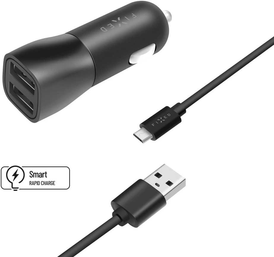Įkroviklis Fixed Rinkinys ładowarki samochodowej FIXED su wyjściem 2xUSB i kablem USB/micro USB, 1 metr, 15W Smart Rapid Charge, juoda