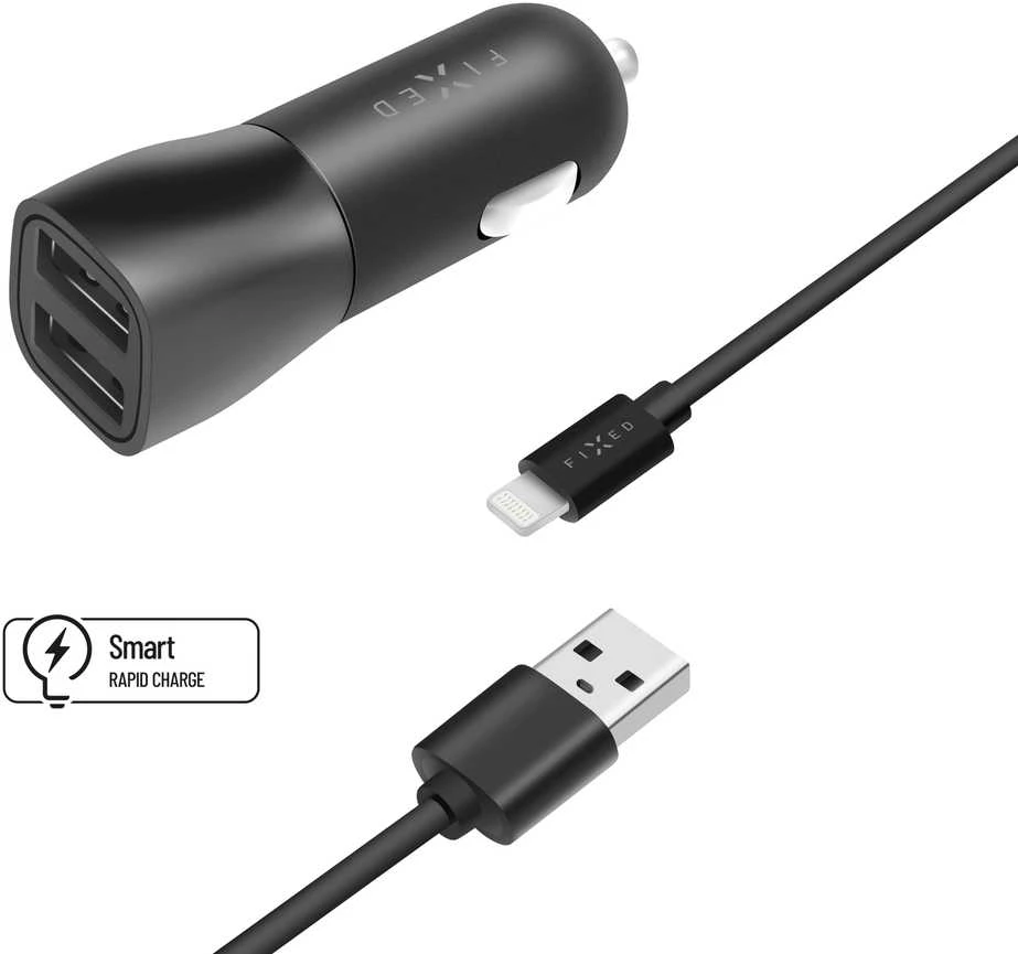 Įkroviklis Fiksuotas Rinkinys automobilinis įkroviklis FIXED su 2xUSB išvestimis ir USB/Lightning laidu, 1 metras, MFI, 15W išmanusis greitasis įkrovimas, juodas