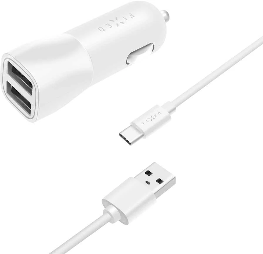 Įkroviklis Fixed. Rinkinys automobilinio įkroviklio FIXED su 2xUSB išėjimu ir USB/USB-C laidu, 1 m, 15W Smart Rapid Charge, baltas
