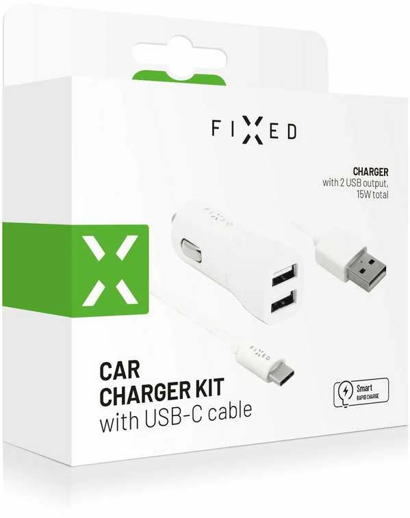 Įkroviklis Fixed. Rinkinys automobilinio įkroviklio FIXED su 2xUSB išėjimu ir USB/USB-C laidu, 1 m, 15W Smart Rapid Charge, baltas