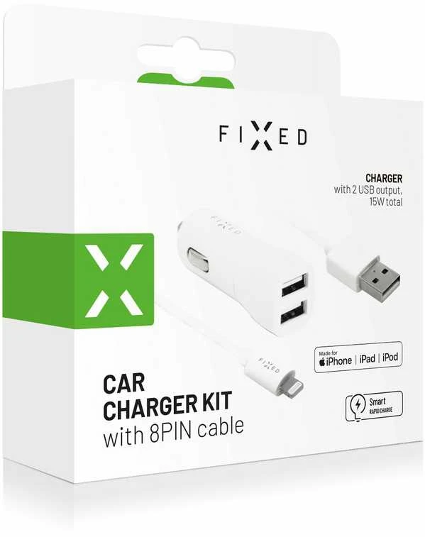 Įkroviklis Fiksuotas Rinkinys automobilinis įkroviklis FIXED su 2xUSB išvestimis ir USB/Lightning laidu, 1 metras, MFI, 15W išmanusis greitasis įkrovimas, balta