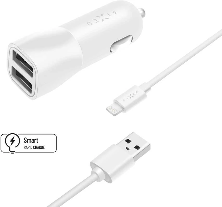 Įkroviklis Fiksuotas Rinkinys automobilinis įkroviklis FIXED su 2xUSB išvestimis ir USB/Lightning laidu, 1 metras, MFI, 15W išmanusis greitasis įkrovimas, balta