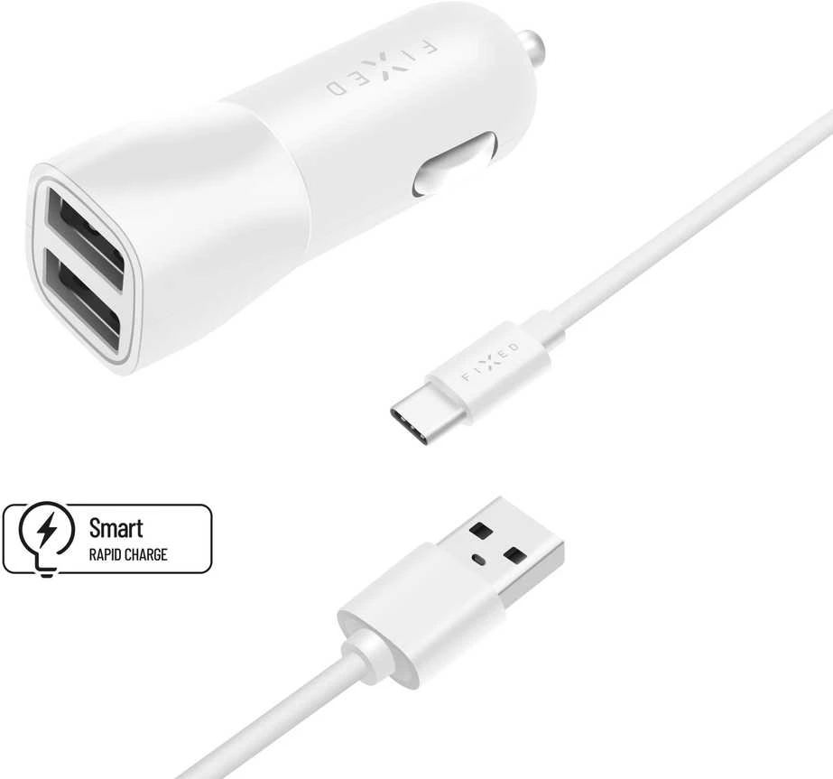 Įkroviklis Fixed. Rinkinys automobilinio įkroviklio FIXED su 2xUSB išėjimu ir USB/USB-C laidu, 1 m, 15W Smart Rapid Charge, baltas