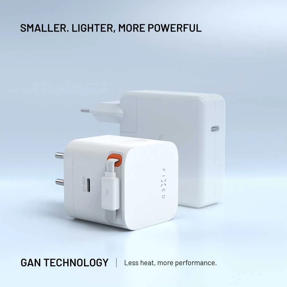 Fixed FIKSUOTAS GaN tinklo įkroviklis su 2xUSB-C palaikymu PD 3.0 su savaime susivyniojančiu laidu 65W baltas