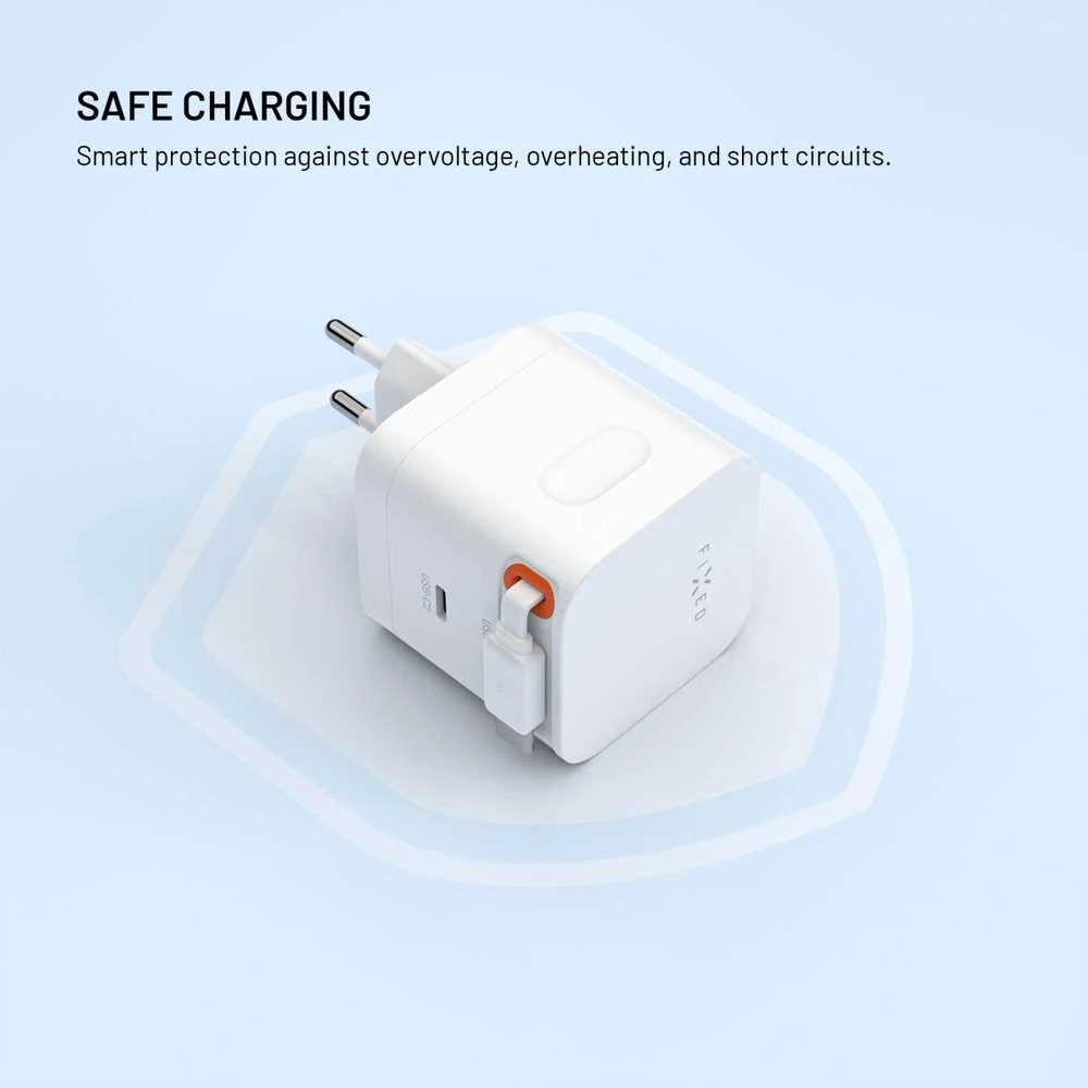 Fixed FIKSUOTAS GaN tinklo įkroviklis su 2xUSB-C palaikymu PD 3.0 su savaime susivyniojančiu laidu 65W baltas