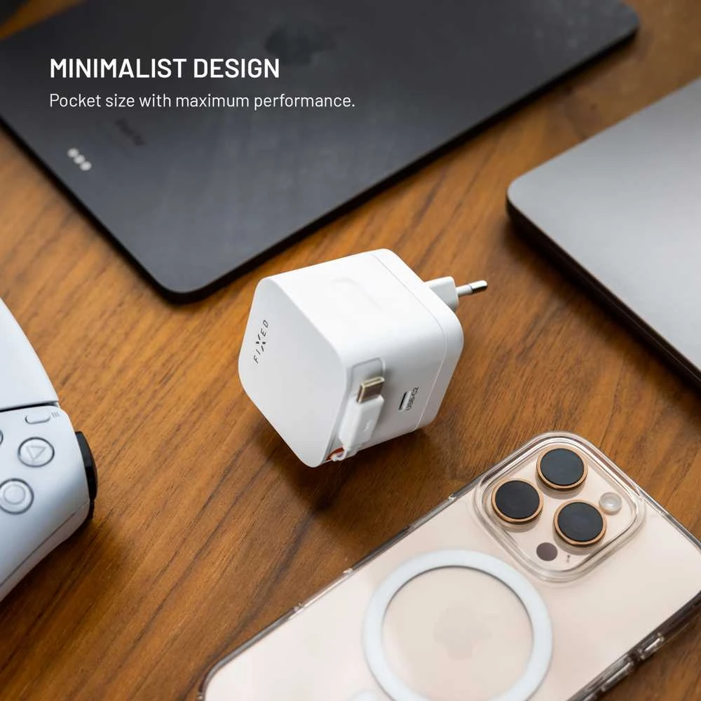 Fixed FIKSUOTAS GaN tinklo įkroviklis su 2xUSB-C palaikymu PD 3.0 su savaime susivyniojančiu laidu 65W baltas