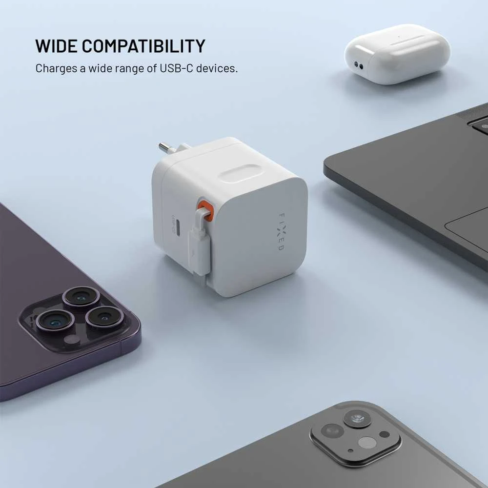 Fixed FIKSUOTAS GaN tinklo įkroviklis su 2xUSB-C palaikymu PD 3.0 su savaime susivyniojančiu laidu 65W baltas