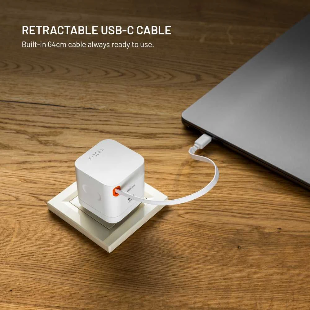 Fixed FIKSUOTAS GaN tinklo įkroviklis su 2xUSB-C palaikymu PD 3.0 su savaime susivyniojančiu laidu 65W baltas