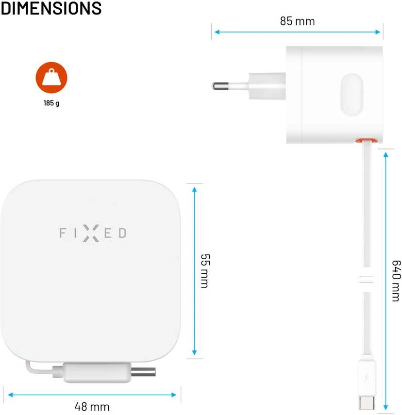 Fixed FIKSUOTAS GaN tinklo įkroviklis su 2xUSB-C palaikymu PD 3.0 su savaime susivyniojančiu laidu 65W baltas