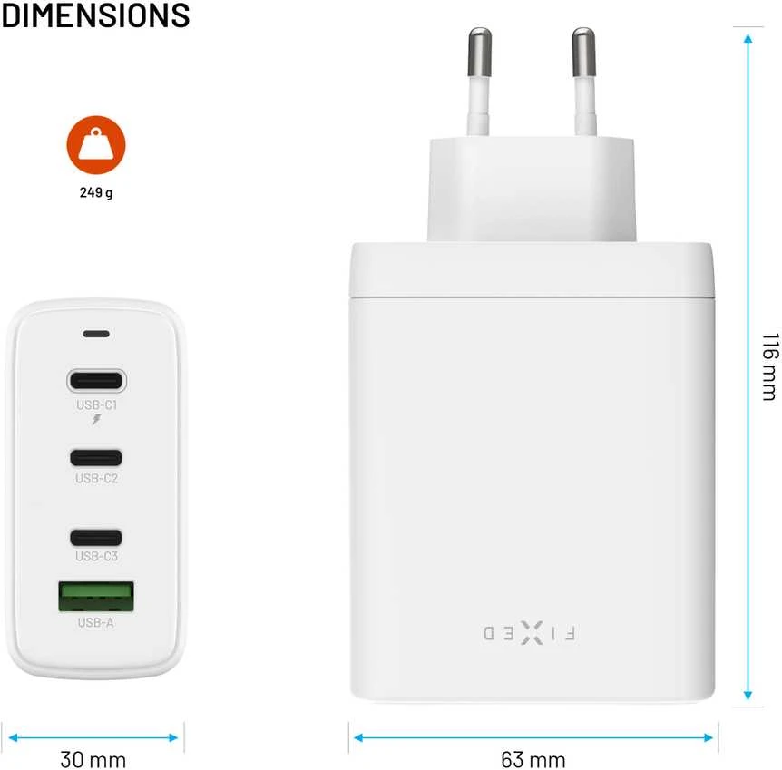 Fixed Fiksuotas įkroviklis 3x USB-A 1x USB-C 5 A (FIXCG120-3C1A-WH)