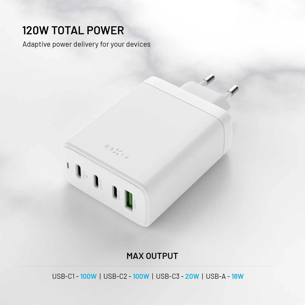 Fixed Fiksuotas įkroviklis 3x USB-A 1x USB-C 5 A (FIXCG120-3C1A-WH)
