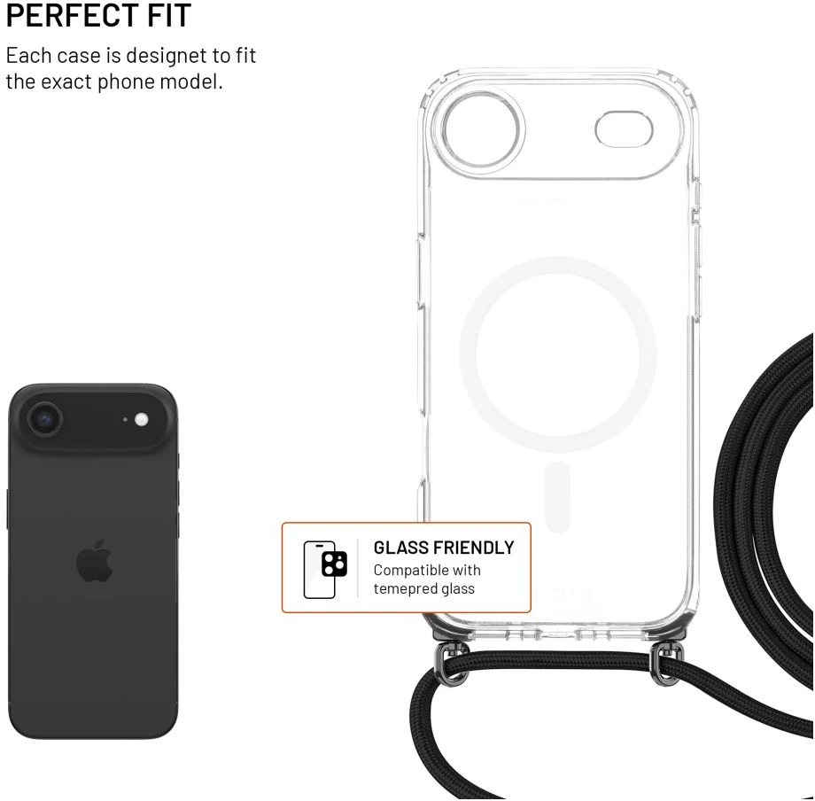 Dėklas Fixed Fiksuotas MagPure Neck for MagSafe iPhone Air, skaidrus su juodu dirželiu