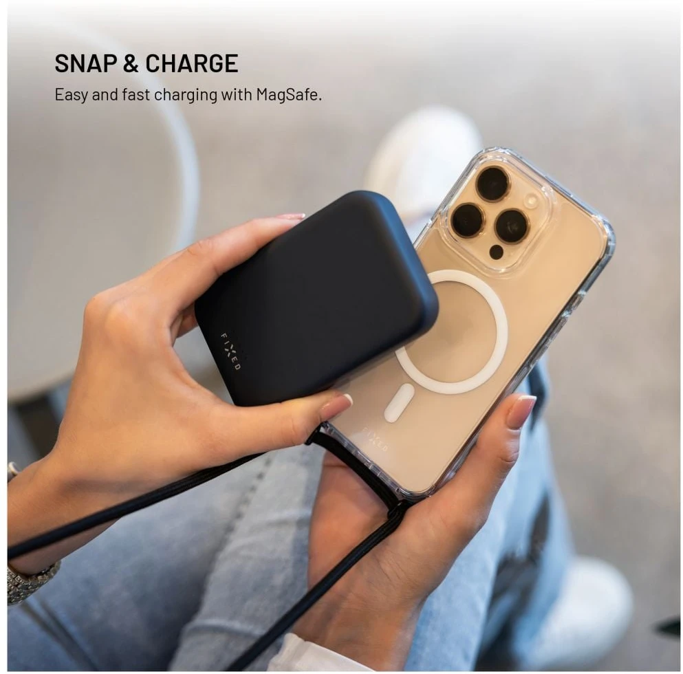 Dėklas Fixed Fiksuotas MagPure Neck for MagSafe iPhone Air, skaidrus su juodu dirželiu