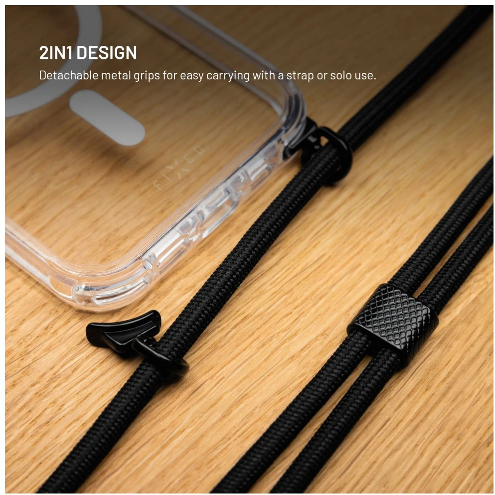 Dėklas Fixed Fiksuotas MagPure Neck for MagSafe iPhone Air, skaidrus su juodu dirželiu