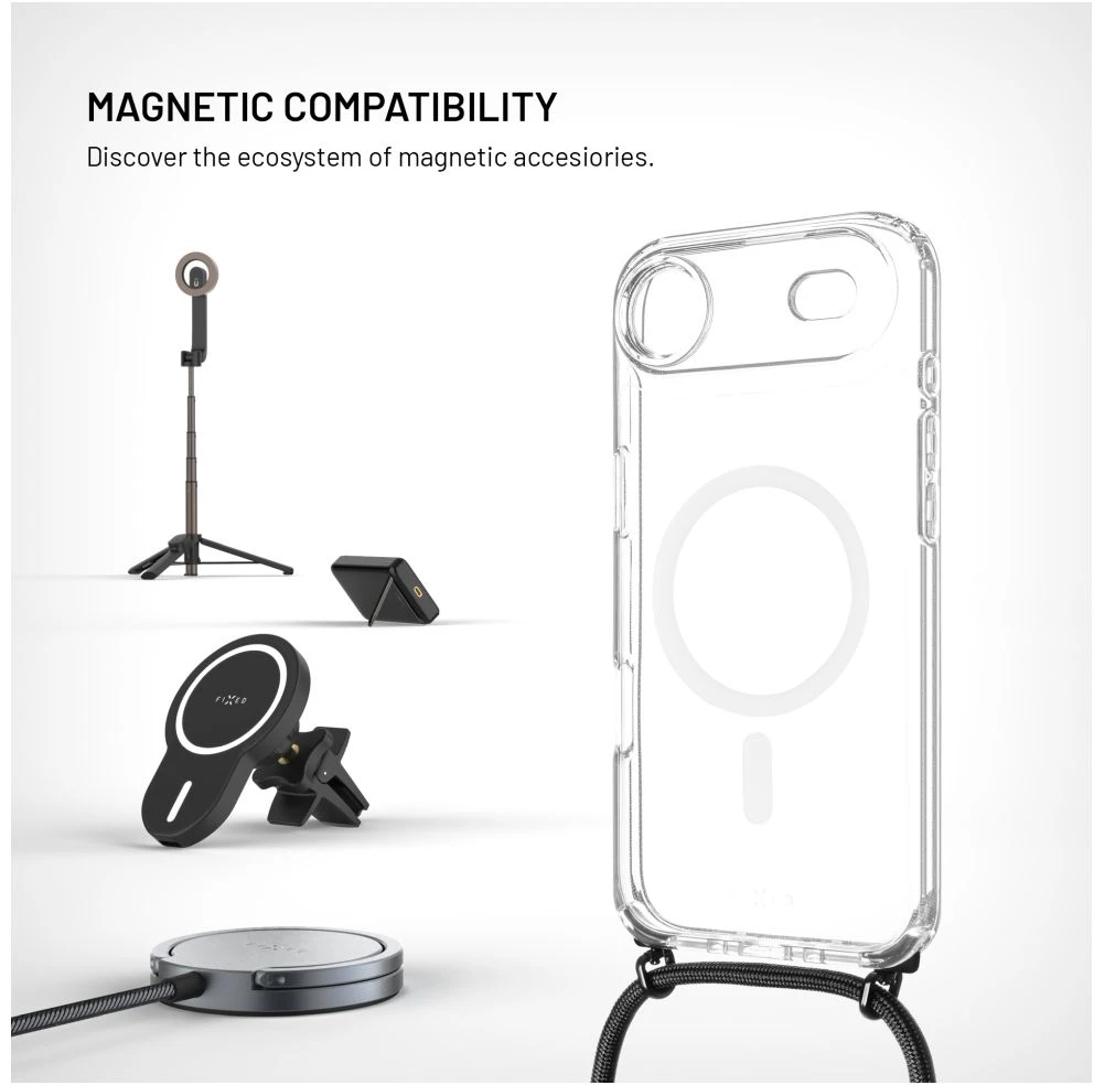 Dėklas Fixed Fiksuotas MagPure Neck for MagSafe iPhone Air, skaidrus su juodu dirželiu