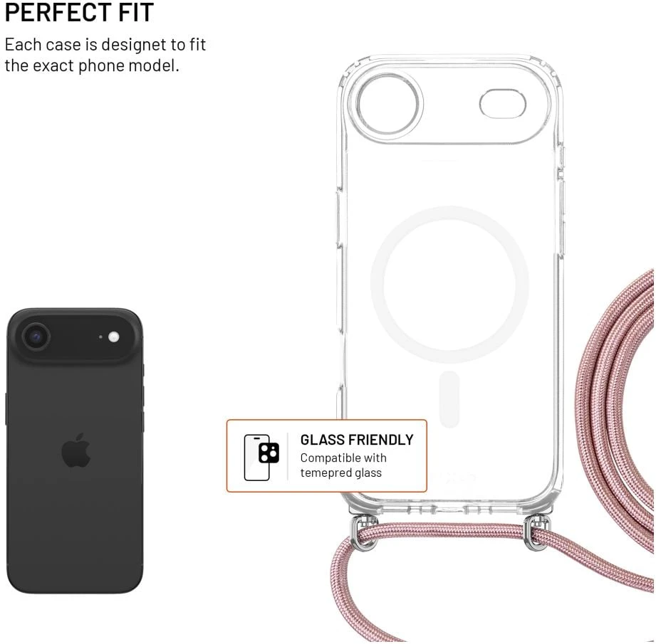 Dėklas Fixed Fiksuotas MagPure Neck for MagSafe iPhone Air, skaidrus su rožine virvele