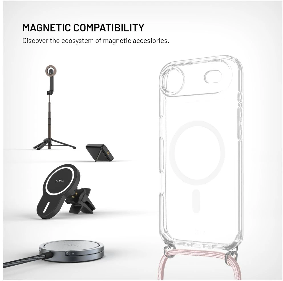 Dėklas Fixed Fiksuotas MagPure Neck for MagSafe iPhone Air, skaidrus su rožine virvele