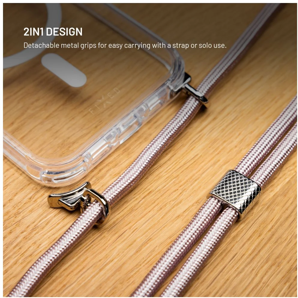 Dėklas Fixed Fiksuotas MagPure Neck for MagSafe iPhone Air, skaidrus su rožine virvele