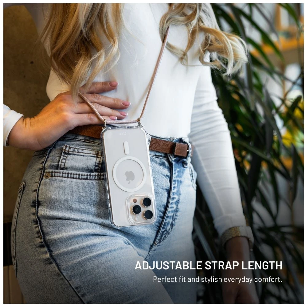 Dėklas Fixed Fiksuotas MagPure Neck for MagSafe iPhone Air, skaidrus su rožine virvele