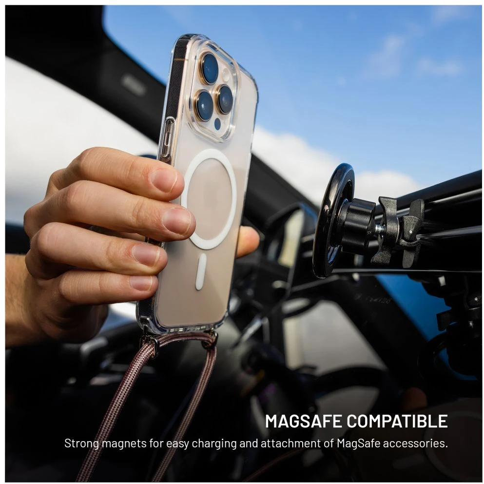 Dėklas Fixed Fiksuotas MagPure Neck for MagSafe iPhone Air, skaidrus su rožine virvele